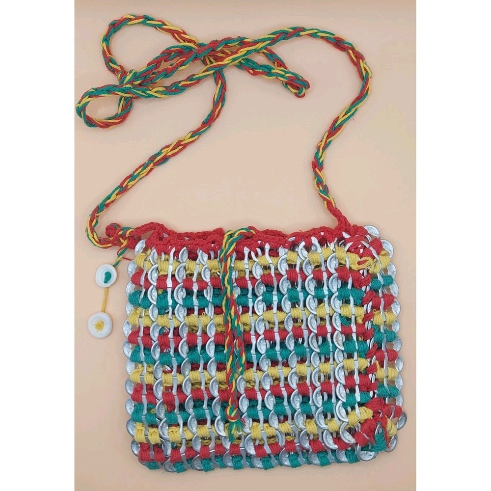 Handmade Crochet Soda Can Pull Tab Crossbody Bag Upcycled Purse Red Yellow Green